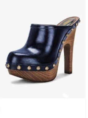 FSJ Blue Round Toe Mules Wooden Block High Heel Clogs Slip On Studded Sandals